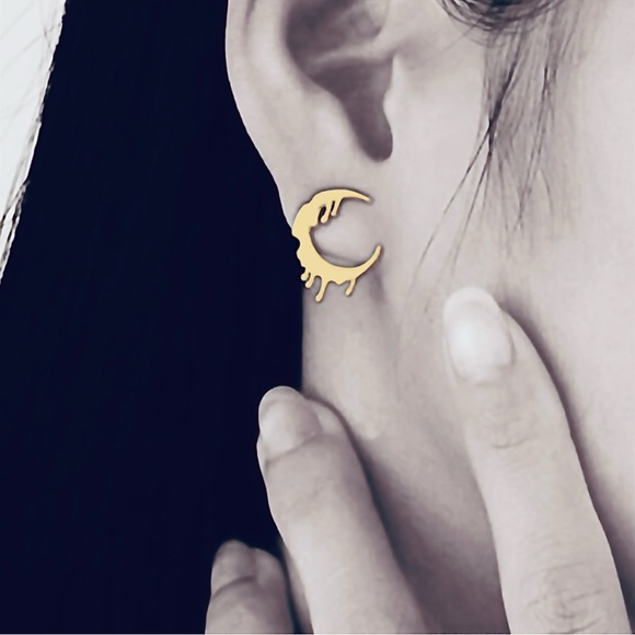 “Melting Moons” Gold Crescent Liquid Metal Dripping Droplet Celestial Edgy Studs - Picture 2 of 4